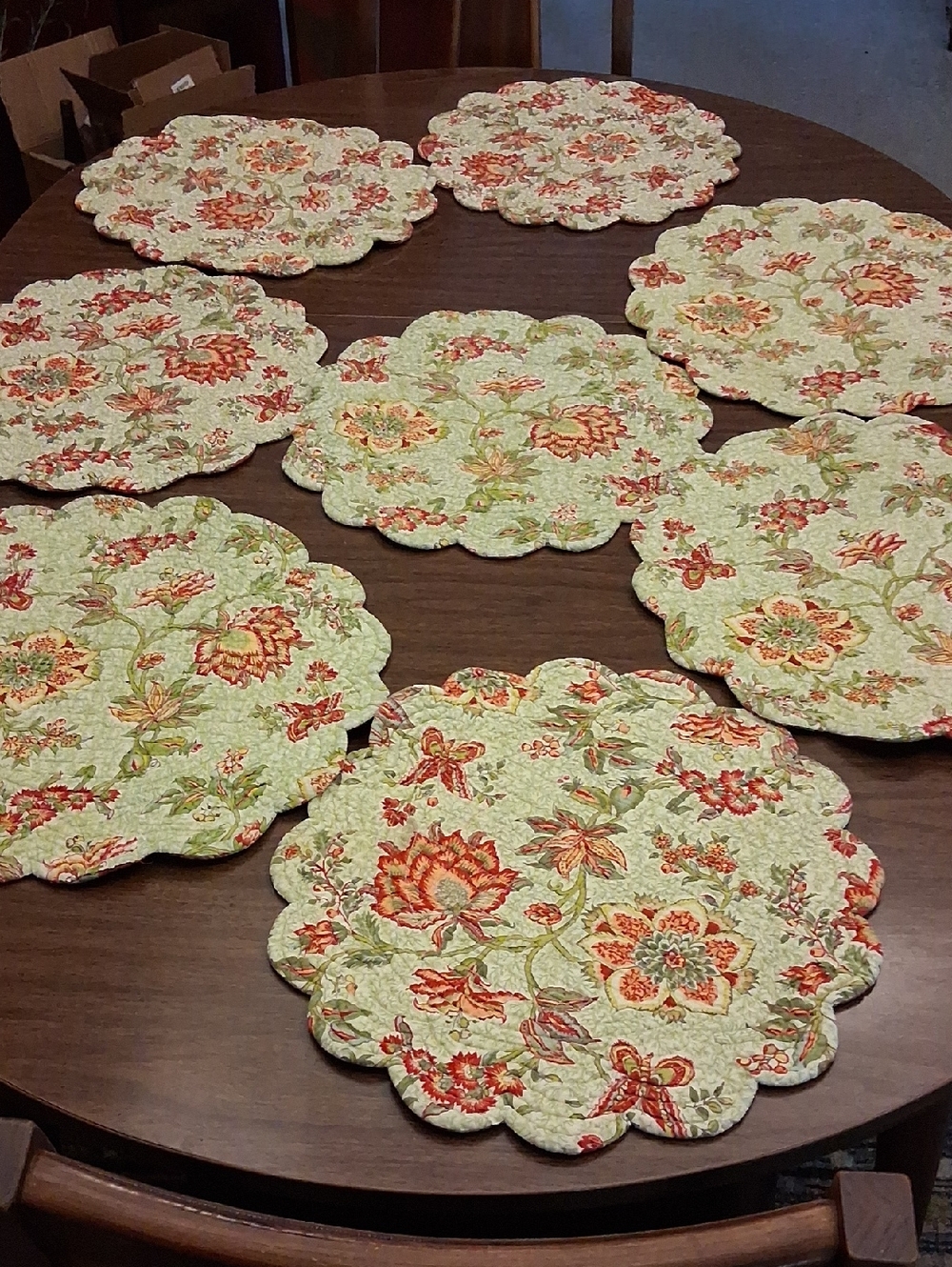Quilted Floral Scalloped Placemats - Sage Green with Coral Accents (Set of 8)